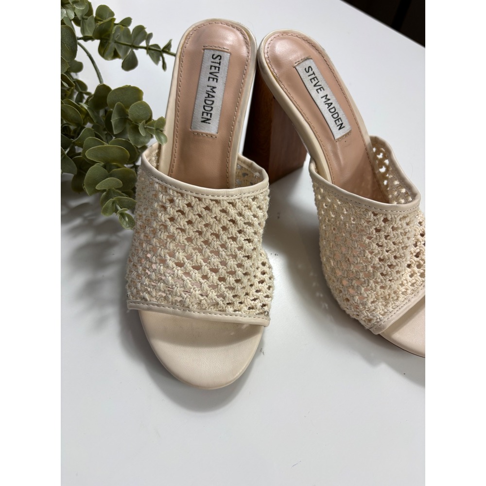 Steve Madden Womens Crochet Block Heel Mules Cream Woven Slide Sandals Size 7 - Picture 3 of 8